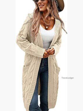 Oversized Hooded Cable Knit Cardigan Sweater Coat with Side Pockets